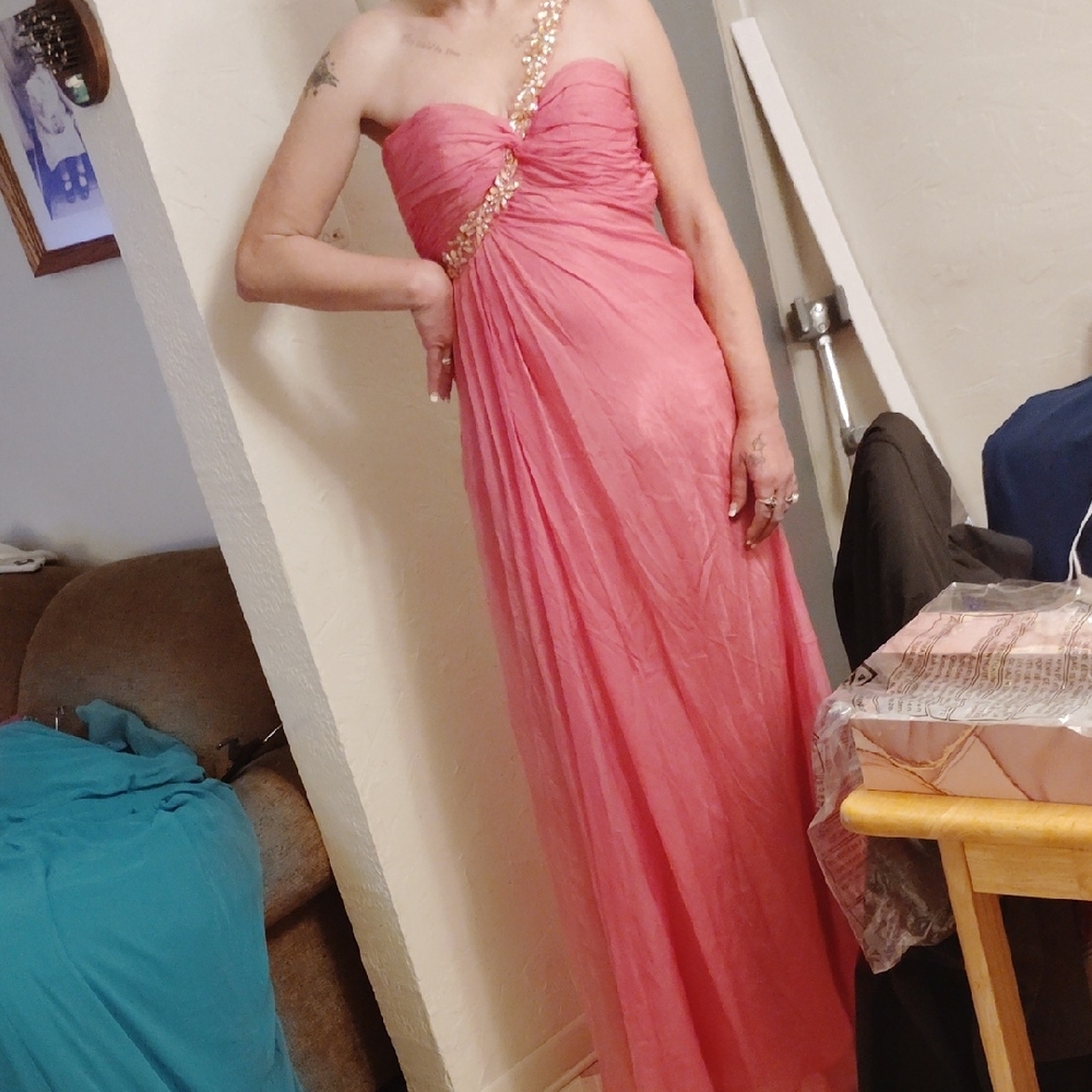 La Femme One Shoulder Pink Gown with Gold Accents